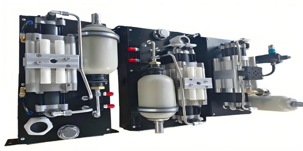 Exploded view of a hydraulic transmission system showing all major components