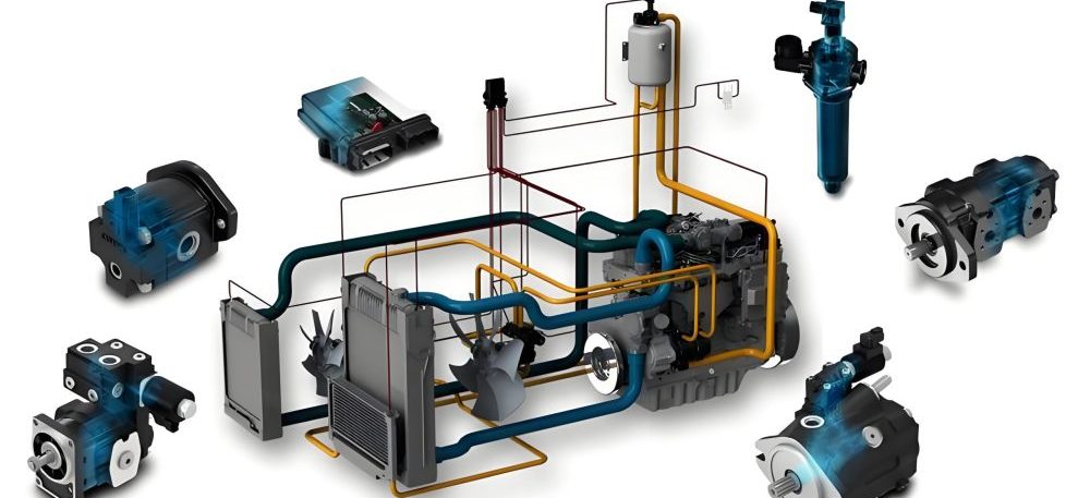 Comprehensive diagram showing how all hydraulic system components integrate together in a complete system