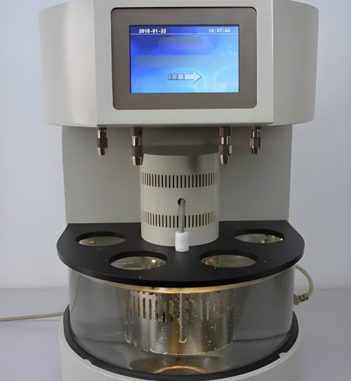 Various types of hydraulic fluids in containers with viscosity measurement equipment