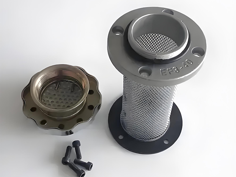 Hydraulic filter assembly showing different types of filters including suction, return line, and pressure line filters with cutaway views revealing internal filtration media
